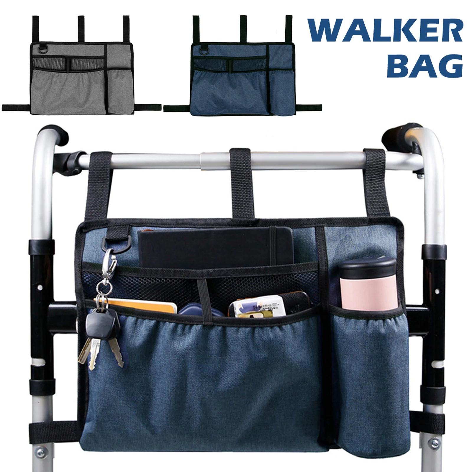 Walker Bag with Cup Holder Pouch Wheelchairs Storage Organizer Bag Folding Storage Pouch for Seniors Elderly Handicap