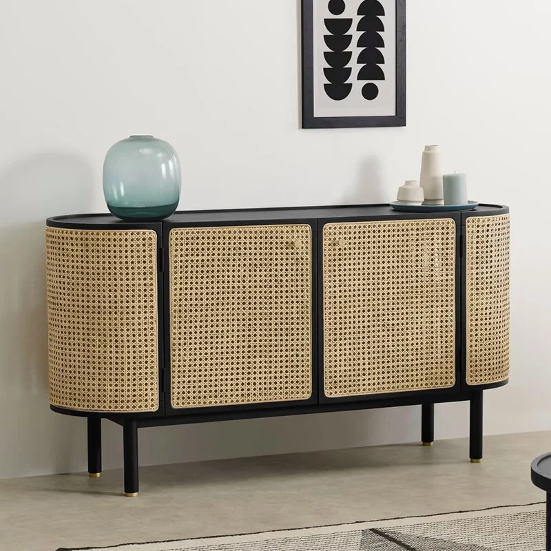 

Simple Ankara rattan dining side cabinet wood black B & B hotel double door locker porch cabinet