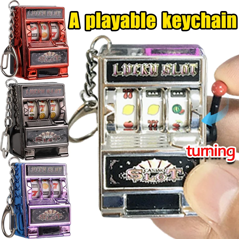 Mini Gambling Slot Machine Key Chains Creative Arcade Pocket Fruit Lucky Jackpot Gadget Antistress Toy Funny Games Keychain Ring