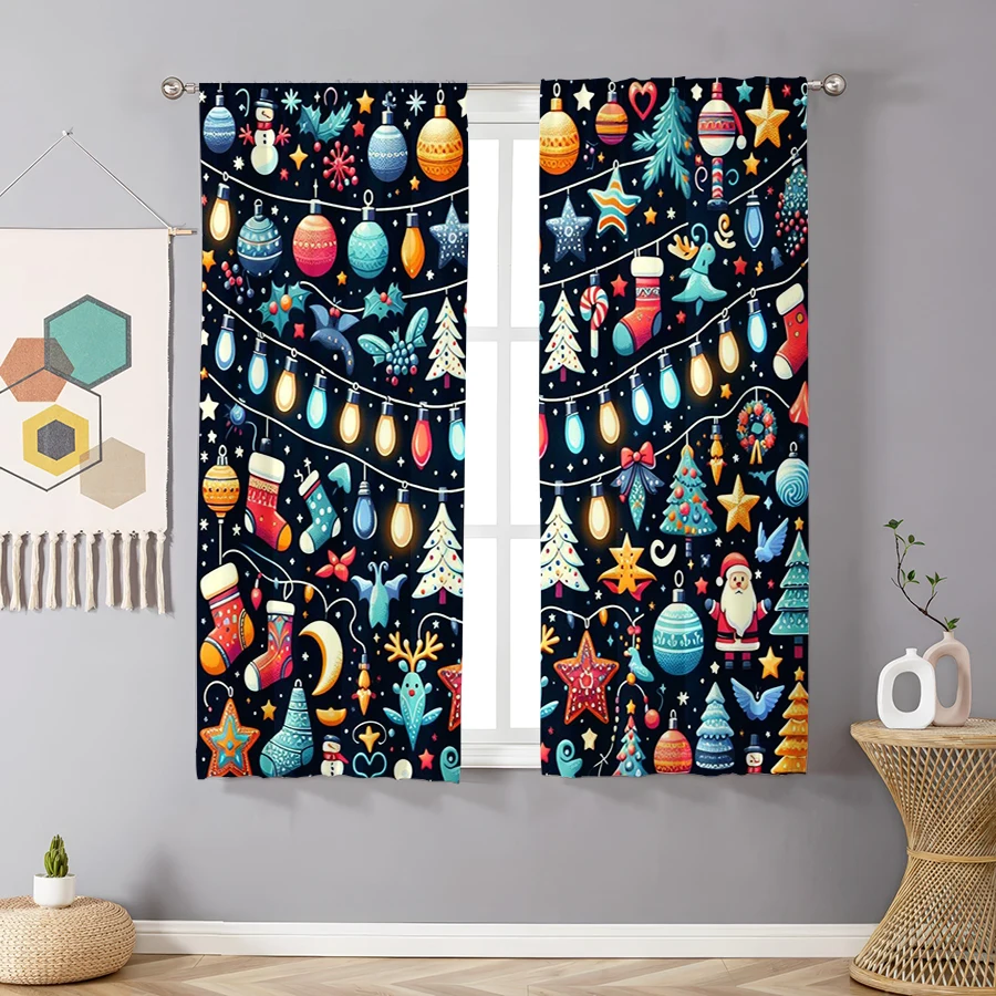 2PCS Christmas Curtains, Ornaments Stockings, Digital Print, Bedroom Living Room Kitchen, Rod Pocket Polyester, Home Decor