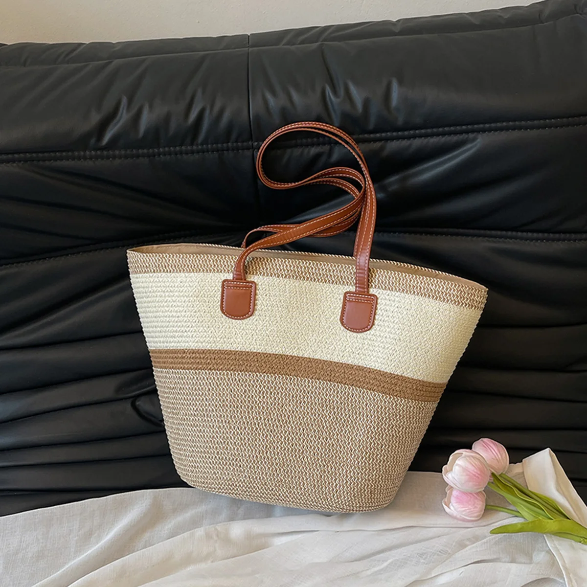 

Vacation Beach Handbag Woven Stripe Pattern Women Tote Bag Large Capacity Versatile Shoulder Bag for Summer Vacation