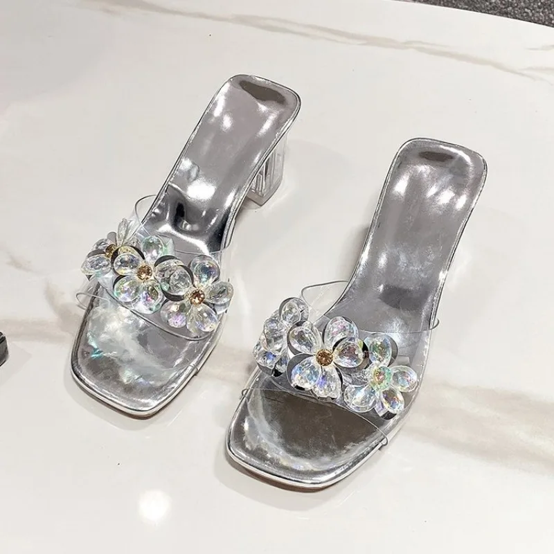 Slippers Woman 2024 New Summer Elegant Middle Heel Fairy Rhinestone Transparent Crystal Heel Sexy Party Designer Shoes Female PU