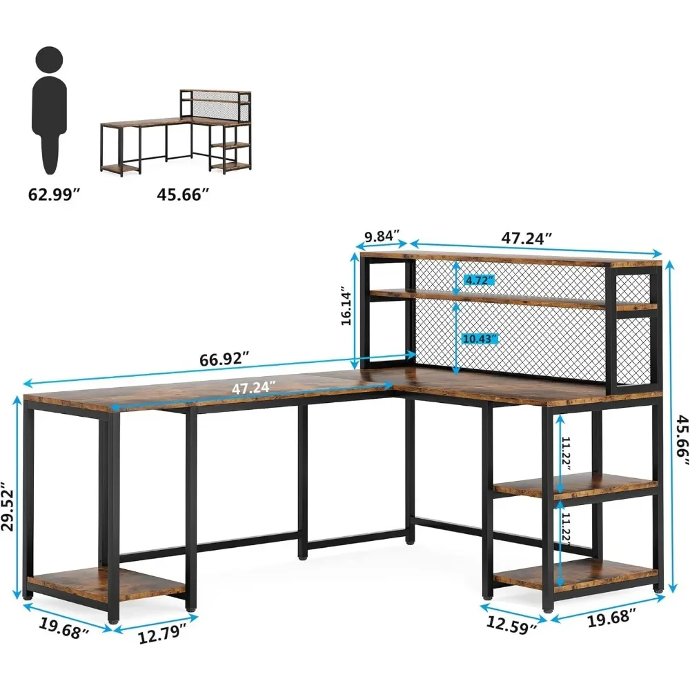 67 "L-Vormig Bureau Met Hok, Industrieel Computerhoekbureau Met Opbergplanken, Groot Studieschrijftafelwerkstation