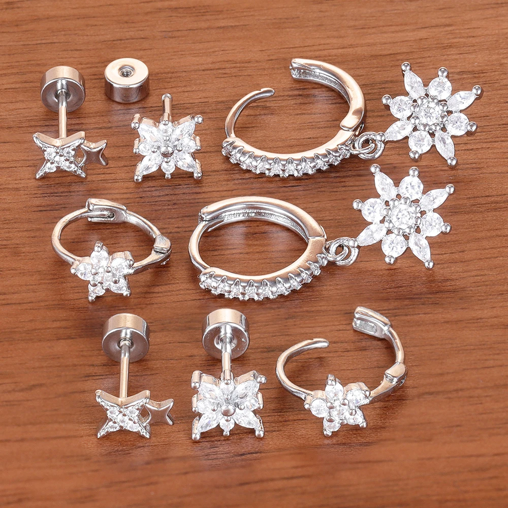 4PCS/8PCS Trendy Stainless Steel Star Ear Studs Sets For Woman 14K Gold Plated Zircons Flower Dangle Earring Fashion Jewelry