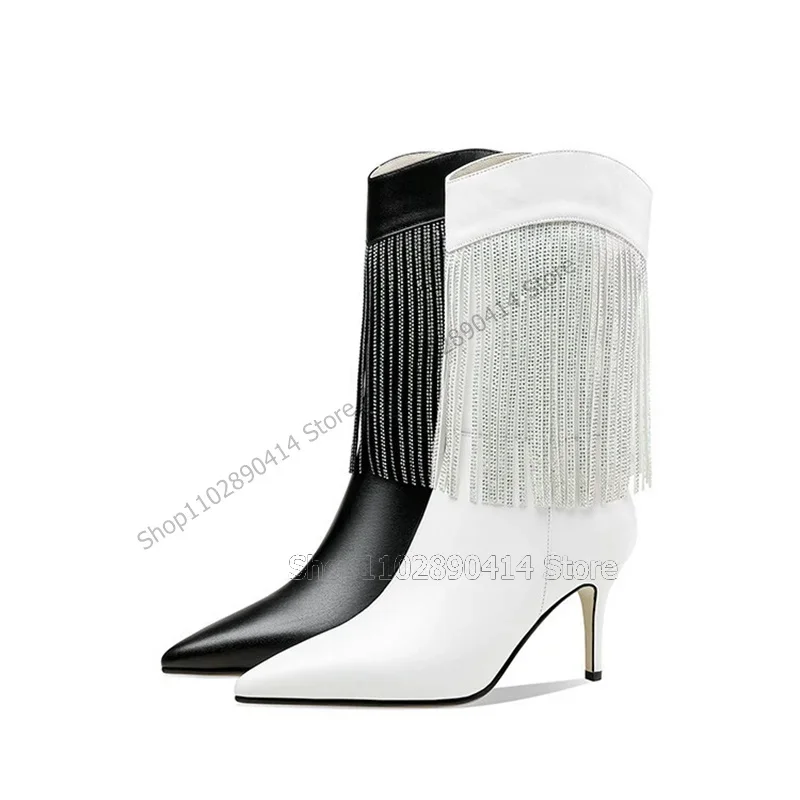 화이트 블랙 크리스탈 태슬 장식 포인티드 토 부츠 슬립온 여성 신발 얇은 하이힐 참신한 패션 2023 여성용 신발