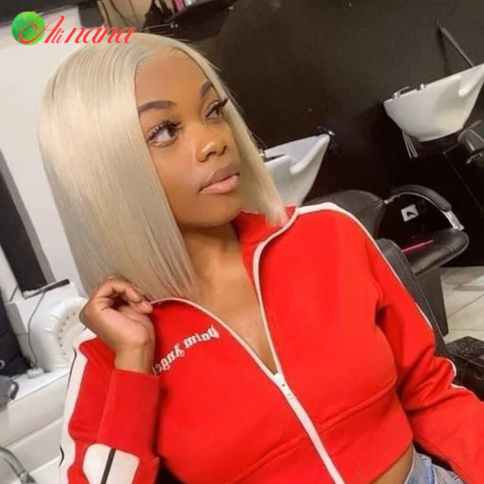 White Blonde Colored Short Bob Wig 13x4 Lace Front Wig Ash Blonde Bone Straight Remy Human Hair Wig For Black Women 180% Density