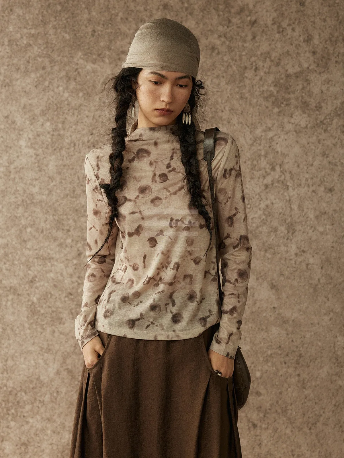 

alpw Floral Print High Ne Top f Elastic Silk Cotton Blend Long Sve Women's Faionable Plant Moulding irt