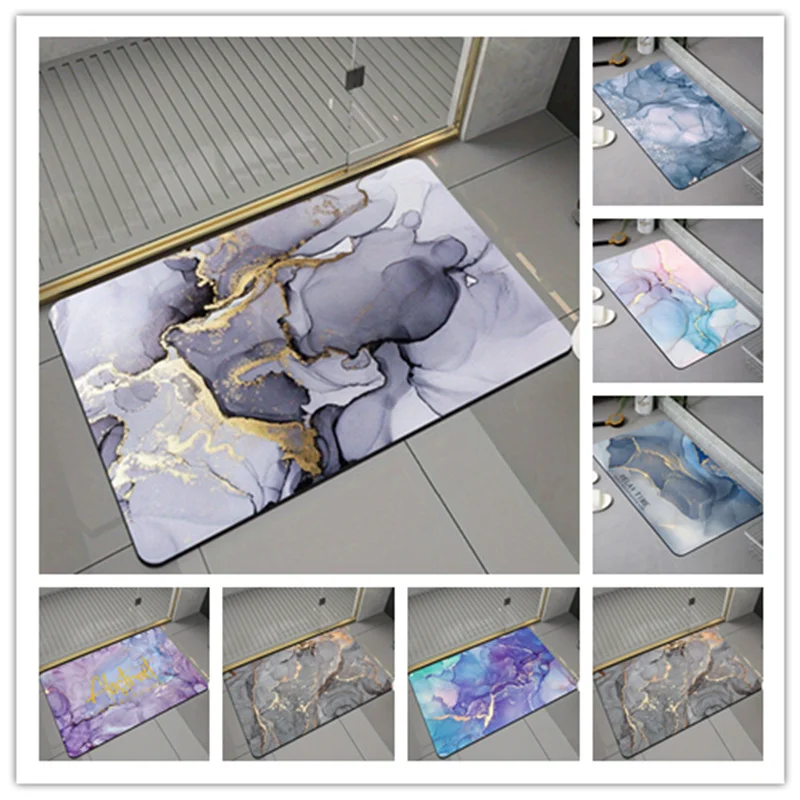 Modern Marble Print Bathroom Floor Mat Super Absorbent Non Slip Bathtub Area Quick Drying Rugs Diatom Mud Carpet for Shower Room