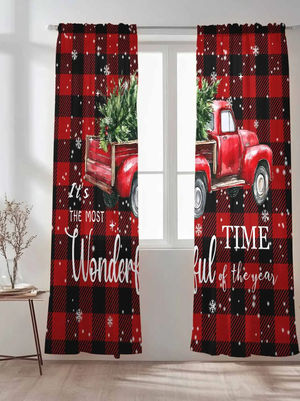 

Red Plaid IT'S MOST TIME Christmas Car Tulle Sheer Curtains for Living Room Bedroom Kitchen Decoration Voile Organza Curtains