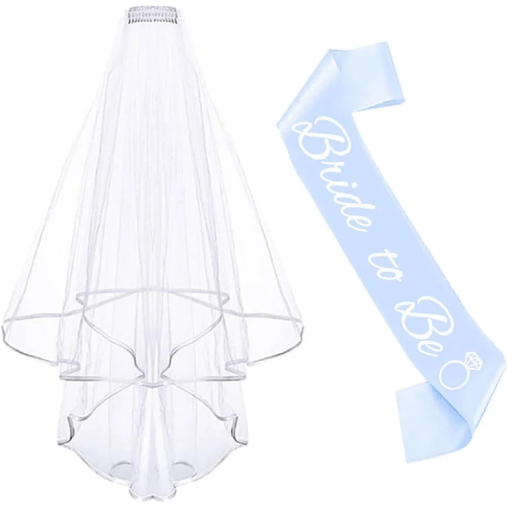 

2PCS Bride Veil and Blue Bride To Be Sash Bridal Shower Accessories for Bachelorette Engagement Wedding Party Decor Bridal Gift