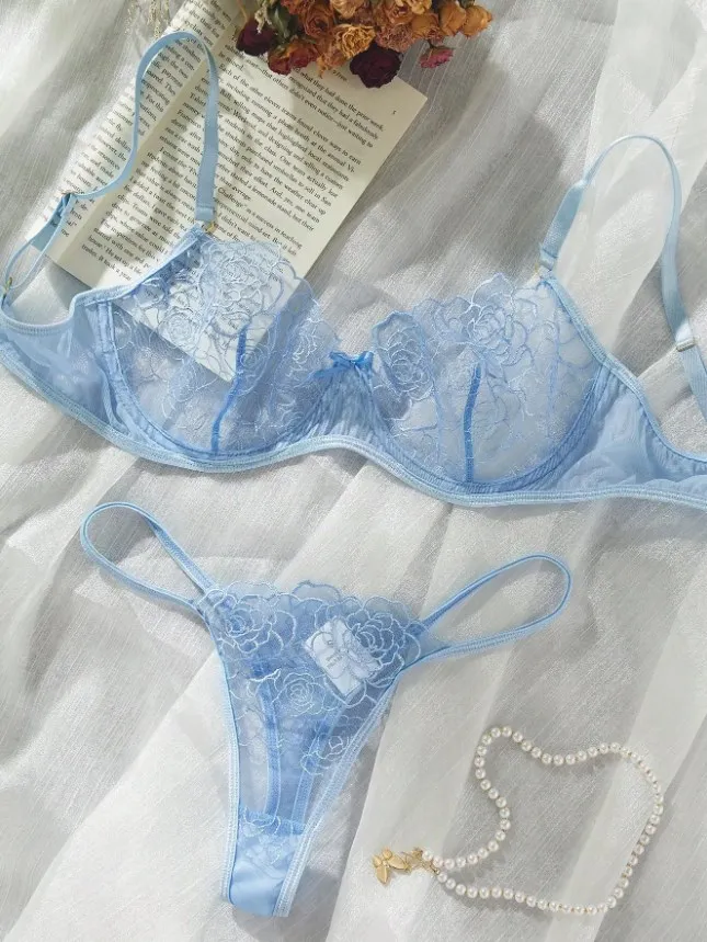 Ultra dünne atmungsaktive Damen unterwäsche Set Blumen stickerei Dessous Set schiere 2-teilige BH Höschen Unterwäsche Set intimates 2024