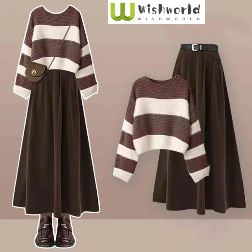 

Retro Women's Set Autumn/Winter New Striped Knitted Sweater Waist Slimming Half Skirt Two Piece Set