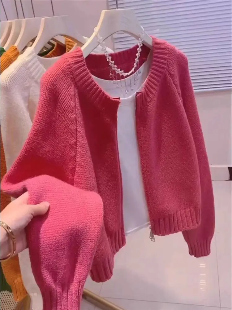 

Red ort Knitted Sweater Coat Zipper Loose Outerwear Autumn 2024 New Korean Sle Sweet f Open Collar Pure Color Cardigan