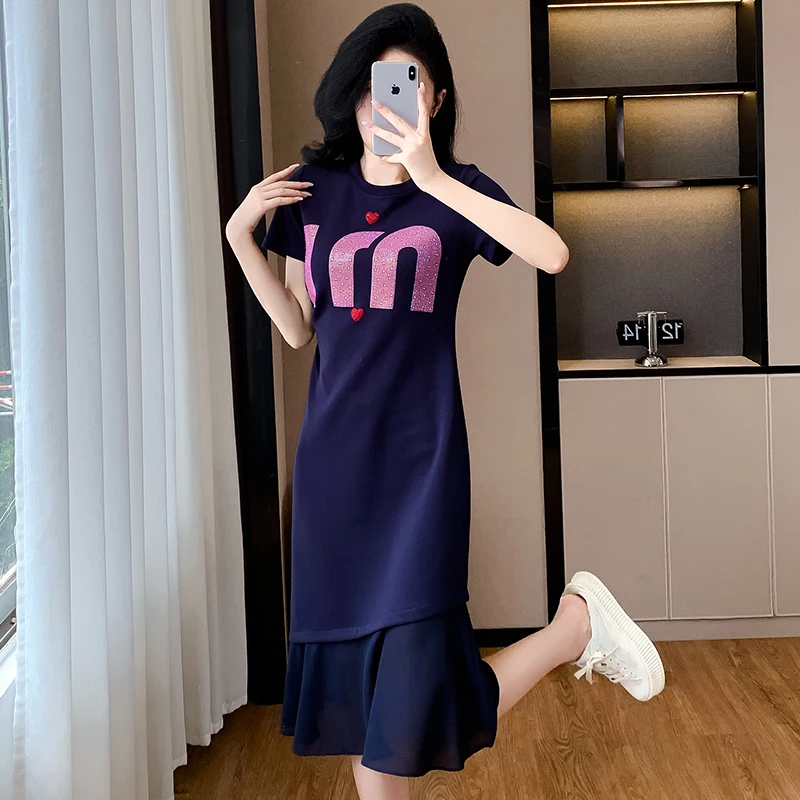 T-shirt in cotone da donna abiti estivi da donna O collo manica corta di grandi dimensioni elegante una linea blu Navy Slim Chiffon Ruffles Vestidos