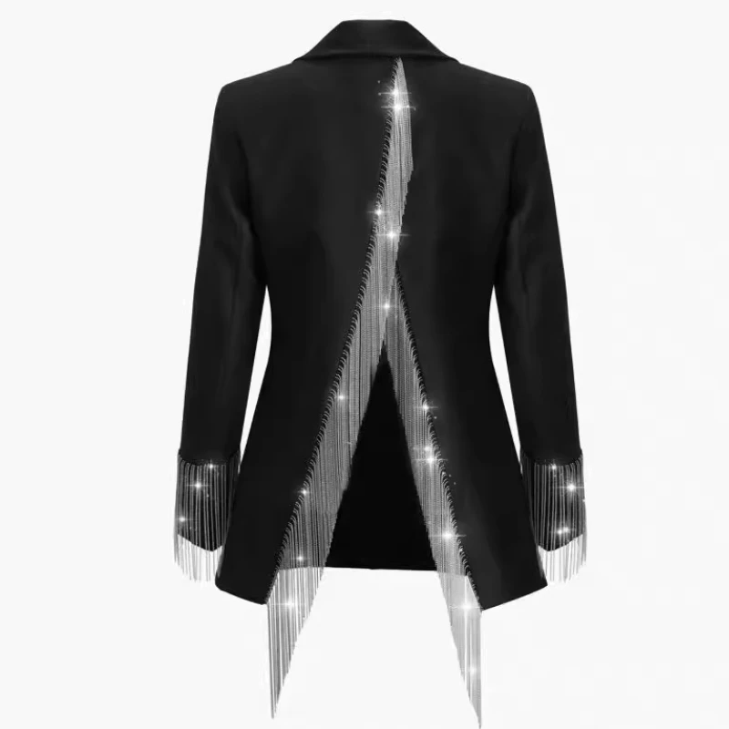 

Spring Split Backless Irregular Diamonds Beaded Chain Fringed Blazers Coat Turn Down Collar Tassels Suits Jacket Cardigan Tops