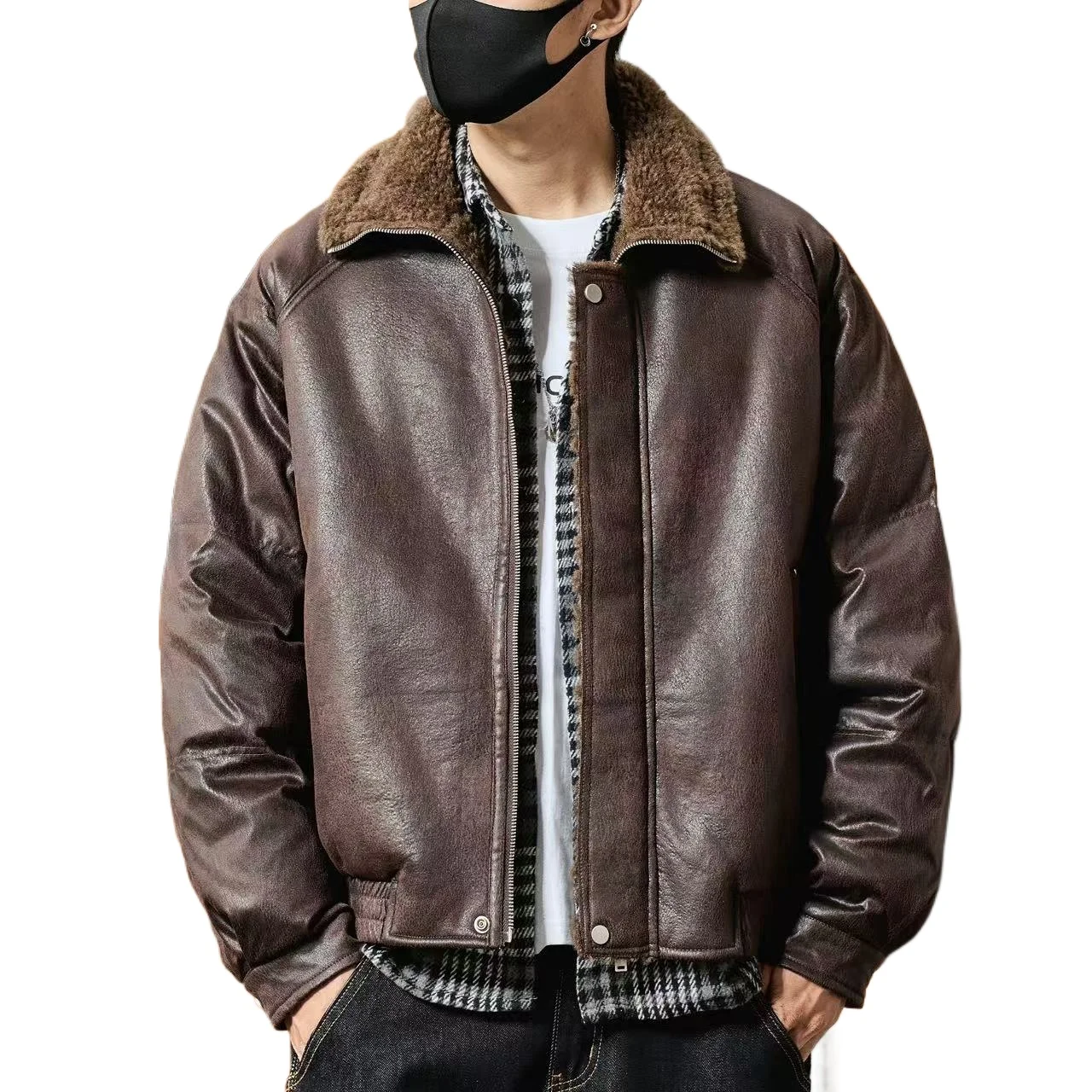 

Men Winter Faux Fur Liner Loose Casual Warm Leather Motorcycle Jacket Streetwear Fashion Vintage Cargo Jacket Coat Outerwear