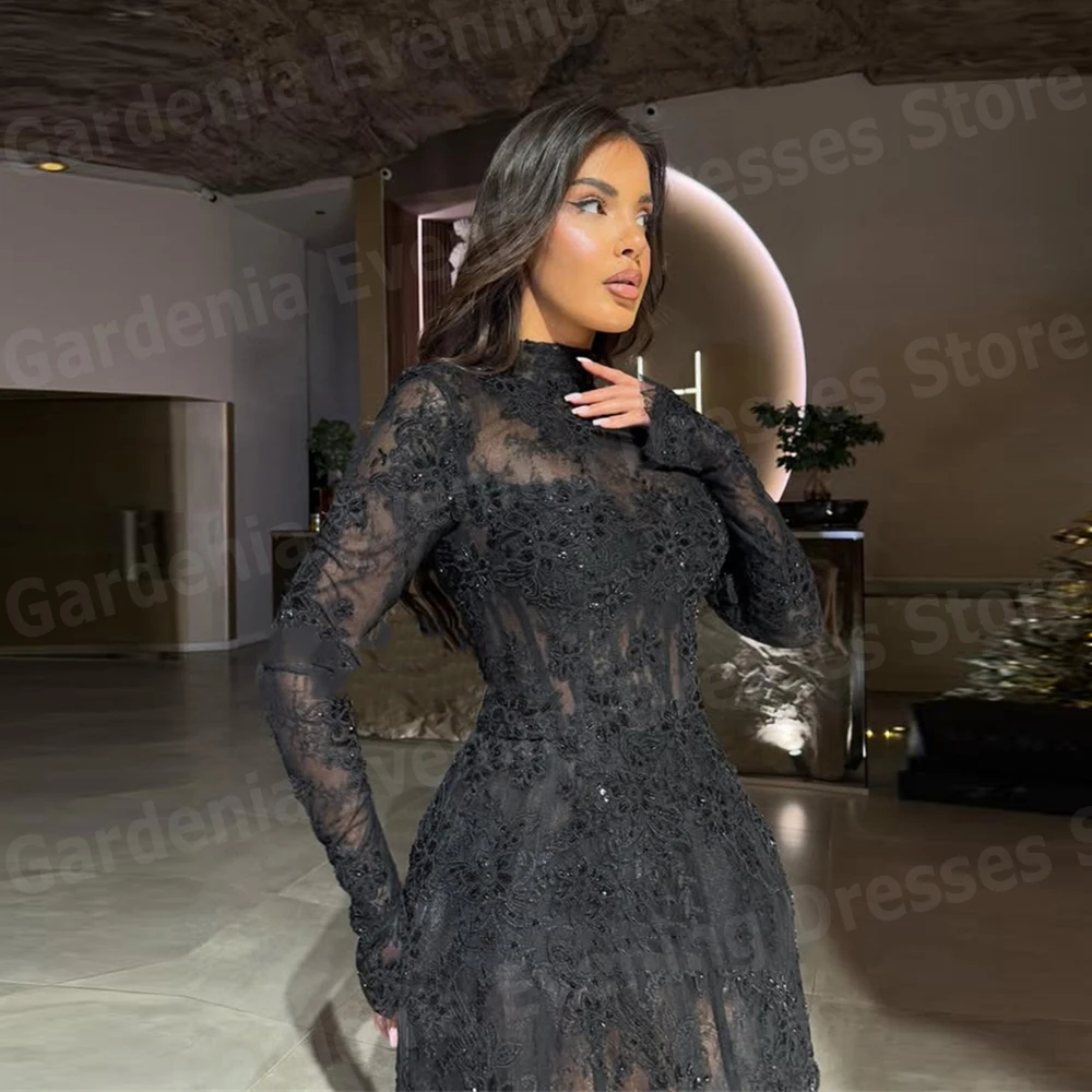 فساتين سهرة نسائية سوداء صغيرة فاخرة برقبة عالية فساتين حفلات مخصصة من Vestidos De Fiesta بأكمام طويلة من الدانتيل رداء De Soirée