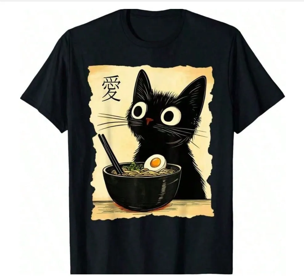 

Funny Cat Ramen Graphic Tee Japanese Kawaii Anime Cat T-Shirt
