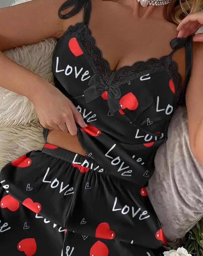 Suspended Tank Top and Pants 2023 New Hot Selling Fashion Women's Love Print Contrast Lace Camo Set