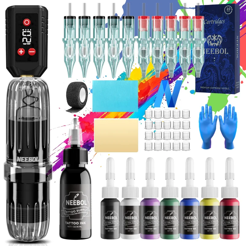Neebol Wireless Tattoo Machine Kit Complete, 40pcs Tattoo Needles Sold Separately, 1600mAh Rechargeable Power, 5/7 Color Tattoo Ink Set, Tattoo Pen Supply Accessories for Beginners & Artists, Body Art & Soccer Fan Gift