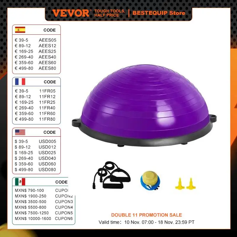 VEVOR Half Exercise Ball Trainer Balance Ball Trainer Stability Ball Yoga Ball with Resistance Bands & Foot Pump Strength Ball