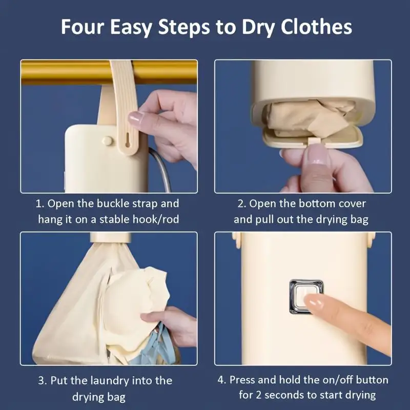 Portable mini dryer with timer function. Fast, easy-to-use compact dryer with drying bag. Suitable for delicate clothes