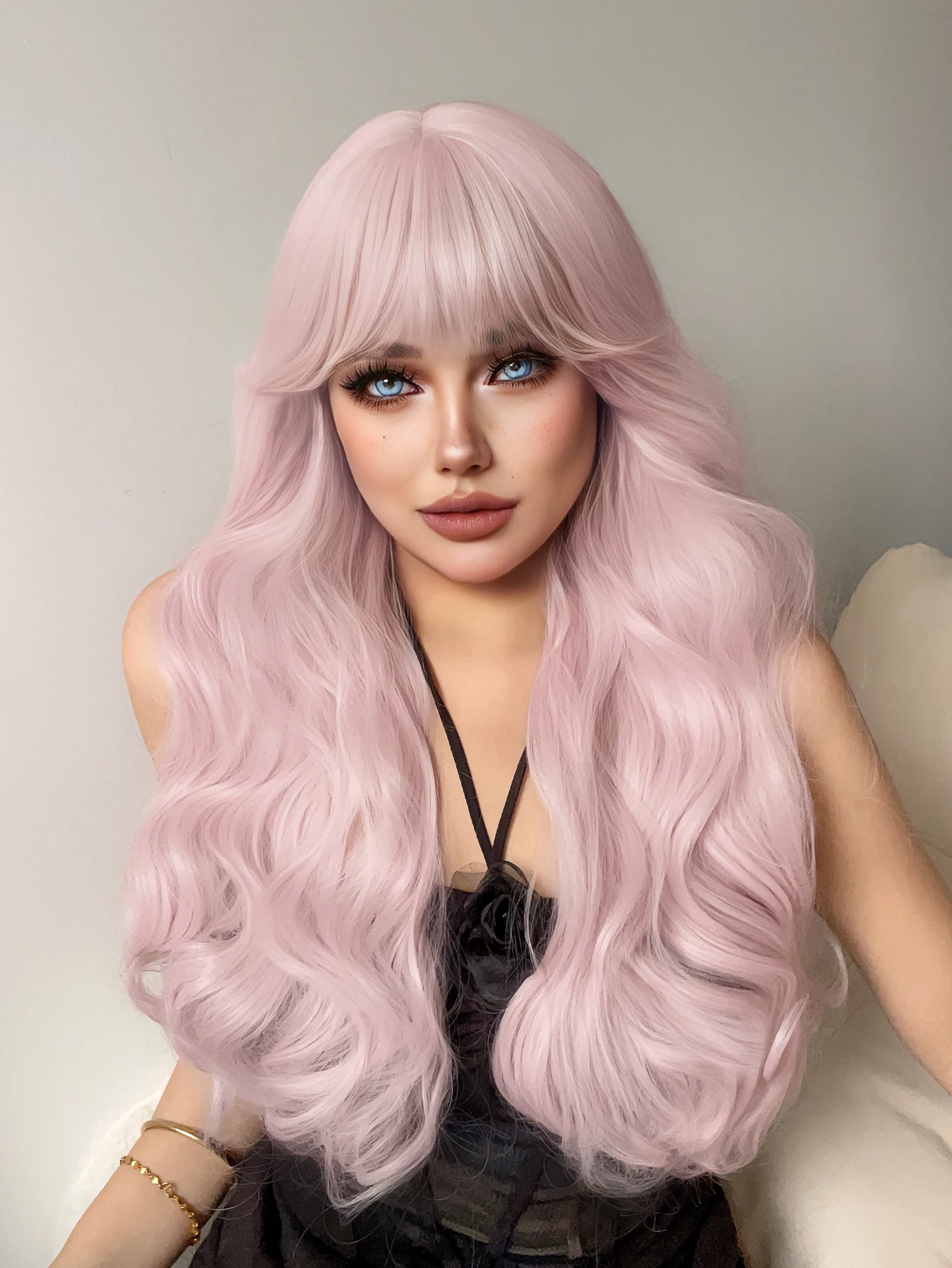 26Inch Macaron Pink Color Synthetic Wigs With Bang Long Natural Wavy Hair Wig for Women Daily Use Cosplay Daily Heat Resistant