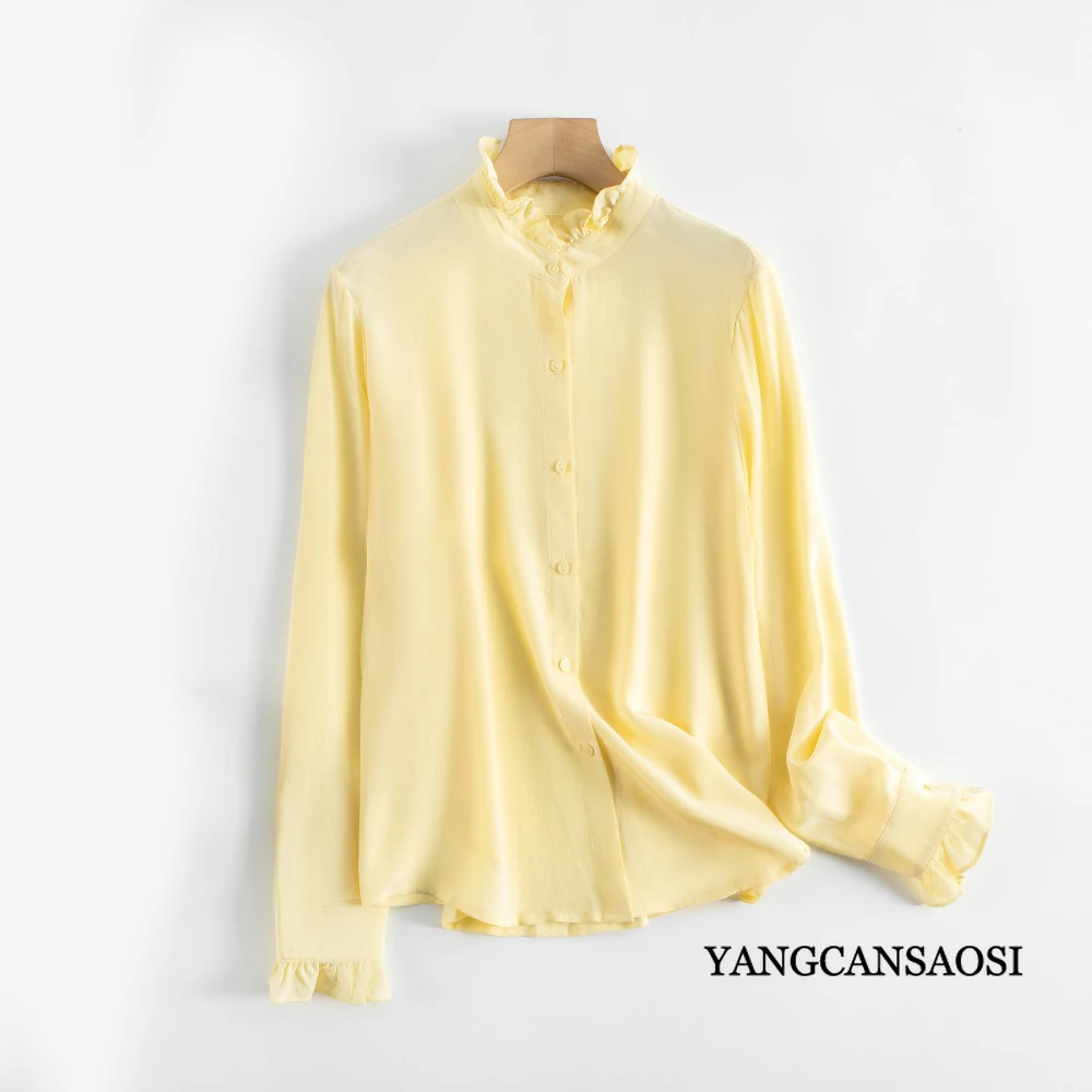 قميص نسائي ربيعي/خريفي جديد على طراز القصر 100% حرير التوت الطبيعي 03 كريب دي تشاين فرنسي سادة بأكمام طويلة وياقة بتلات