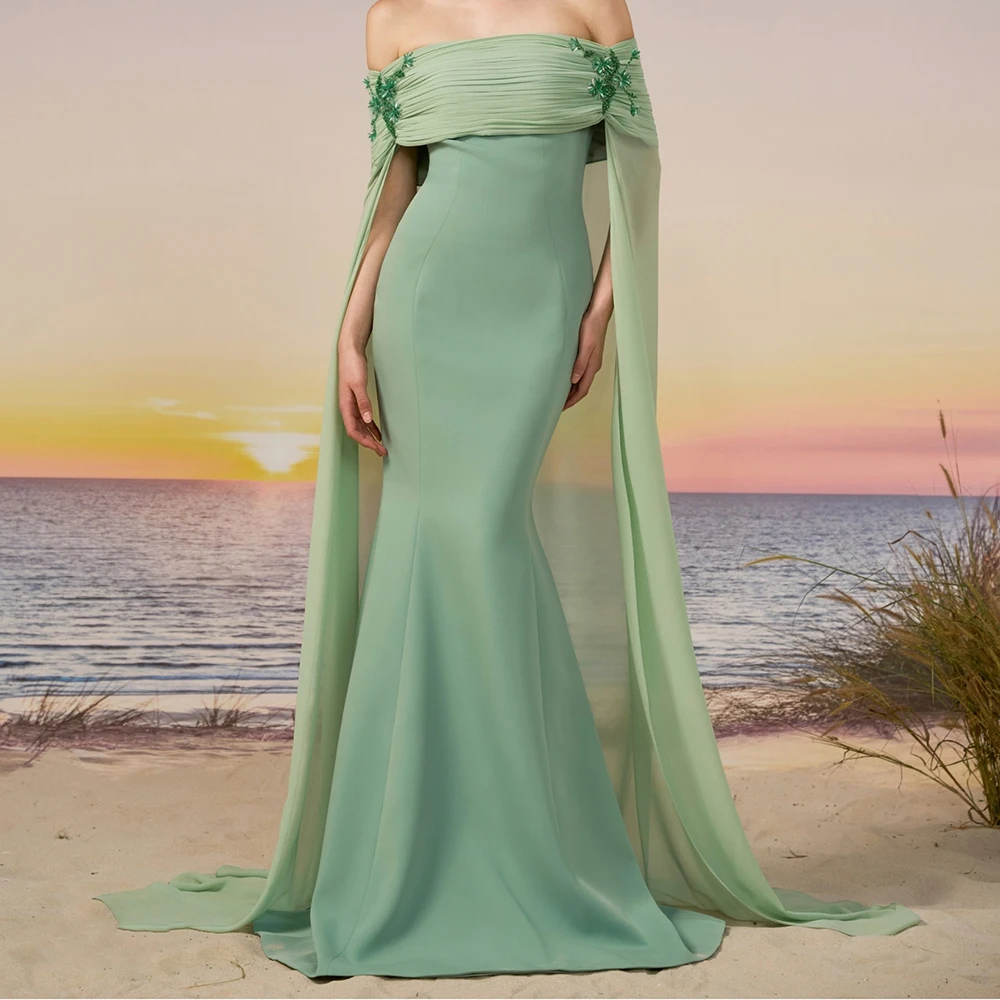 

Customized Mermaid Evening Dresses Floor-length Off The Shoulder Sleeveless Prom Gown Fashion Flowers Simple Draped Party Gown