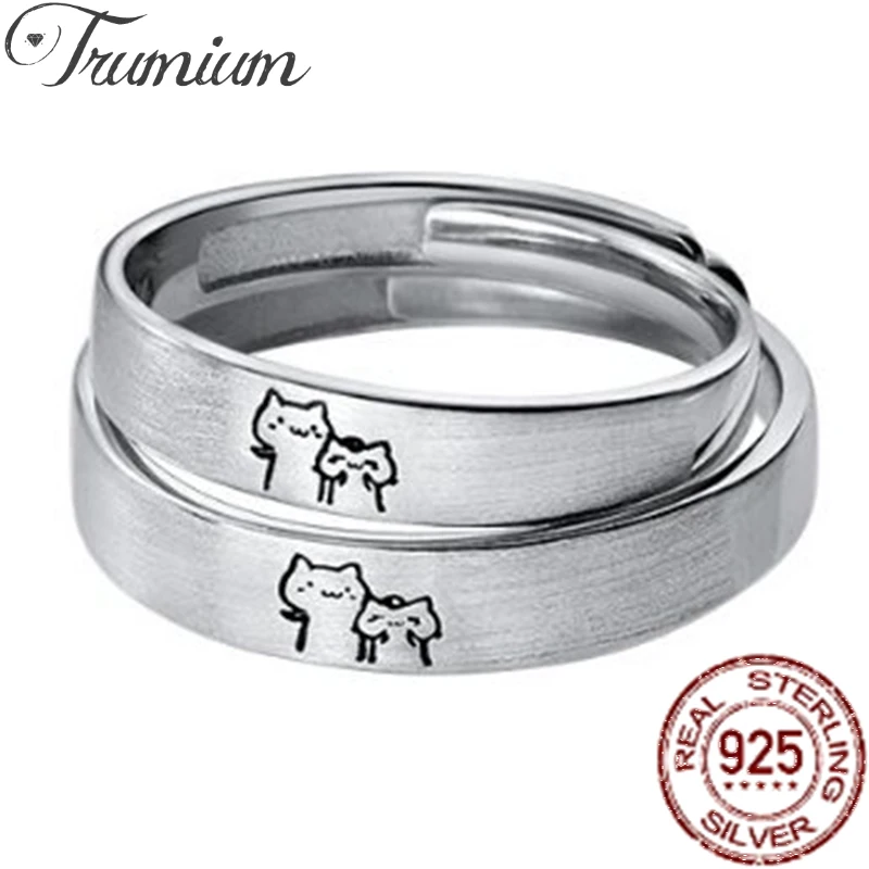 

Trumium 2pcs S925 Silver Lovely Cat His & Hers Couple Rings for Women Adjustable Promise Endless Love Matching Ring Set