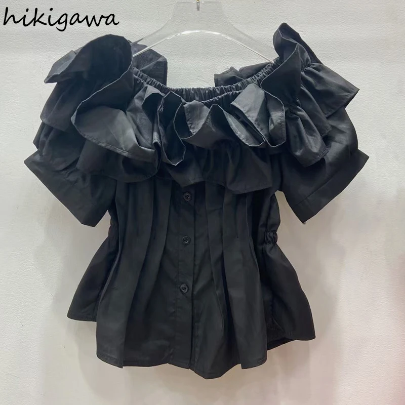 Sweet Crop Tops Fashion Korean Blouses for Women Slash Neck Puff Sleeve Tunic Shirts Ruffles Slim Waist Summer Camisas De Mujer