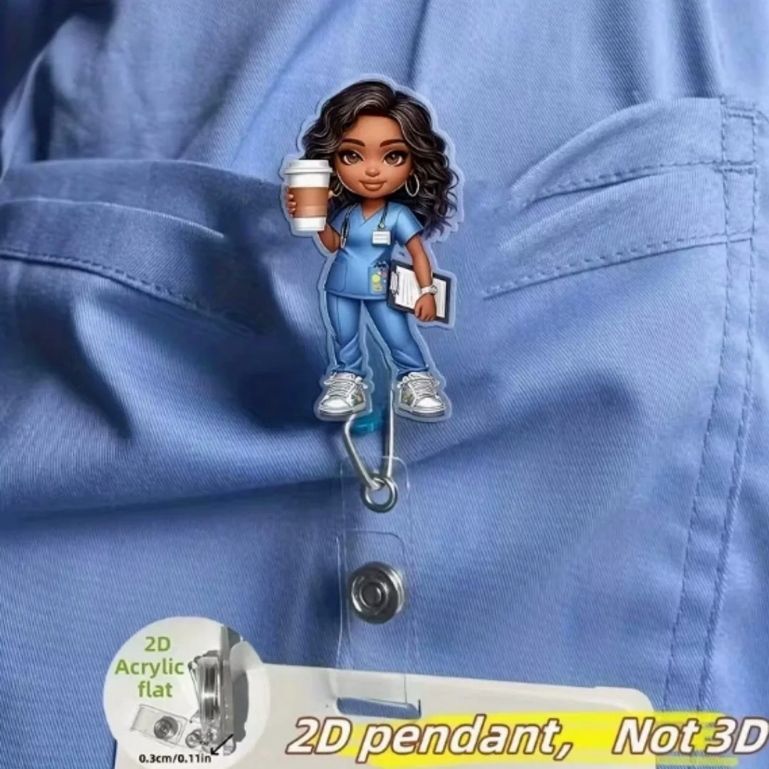 Cartoon 2D Acrylic Badge Reel Retractable ID Card Holder Clip-On Name Tag Holder for Nurse Doctor Teacher Student Office Worker
