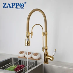 ZAPPO Golden Pull Out Kitchen Sink Faucet 360 Rotation Deck Mounted Brass Faucets Mixer Two Outlet Water Mode Cold Hot Mixer Tap