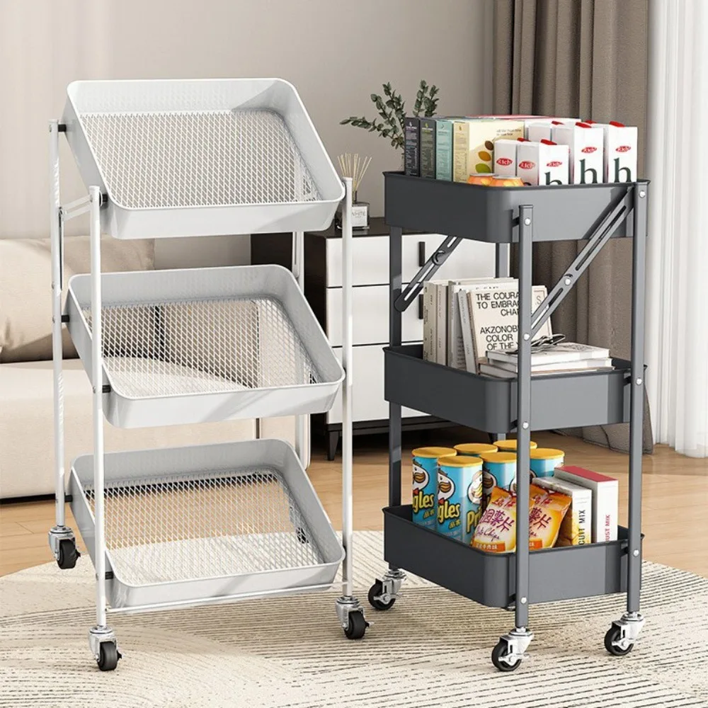 Small Cart Foldable Storage Rack Kitchen Folding Shelf Multi Layer Trolley Mobile Bathroom Storage Rack Snack Storage Rack Car