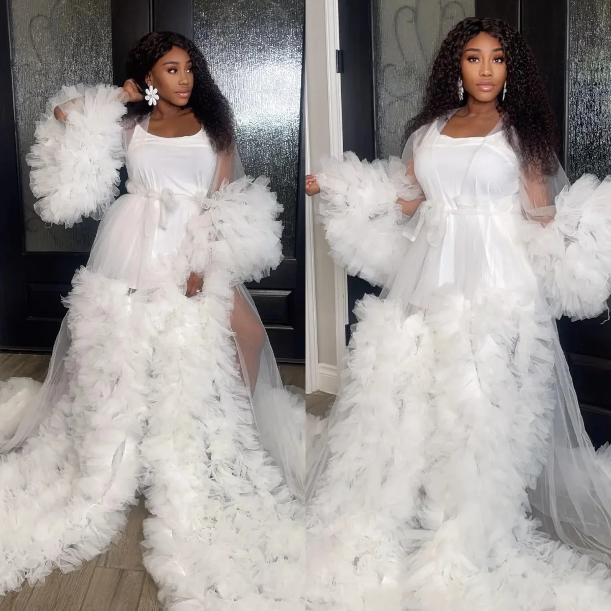 Fluffy Ruffles Bridal Robe Luxury Wedding Pajamas Extra Puffy Customized Bridal Boudoir Babyshower Gowns
