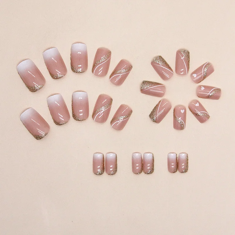 Conjunto de unhas falsas de comprimento médio para meninas, brilho dourado, coração gradiente, unhas de acrílico, quadrado, barato, verão, adesivo longo, conjunto de 24pc