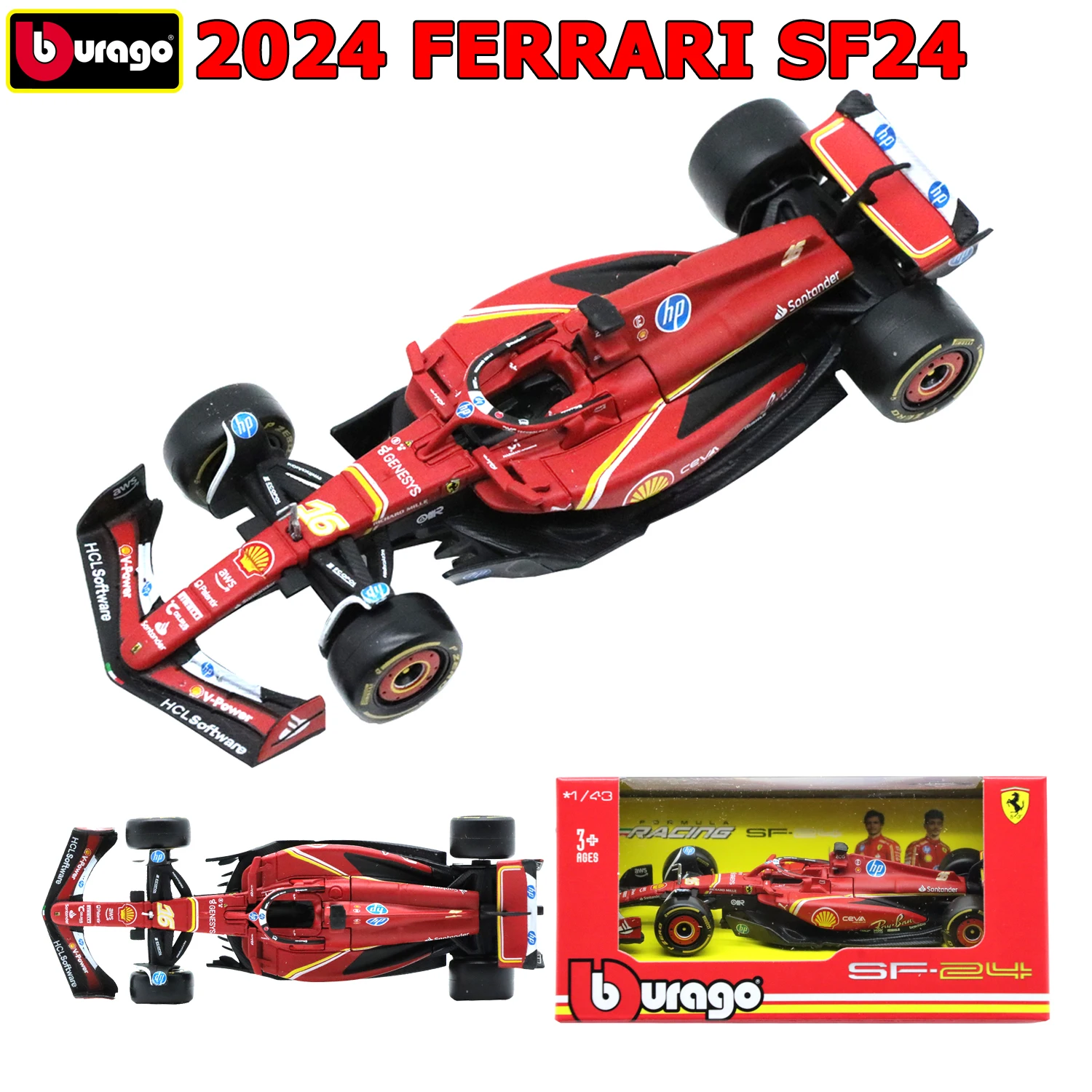 

1/43 Bburago 2024 F1 FERRARI SF24, гоночные модели, литая под давлением игрушка из сплава, резиновые шины, автомобили HALO, подарок для взрослых