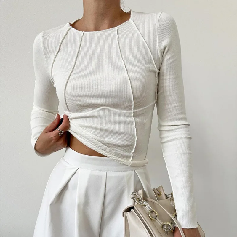 

Spring and autumn new sweet spicy solid color slim-fit line type long-sleeved round neck T-shirt woman