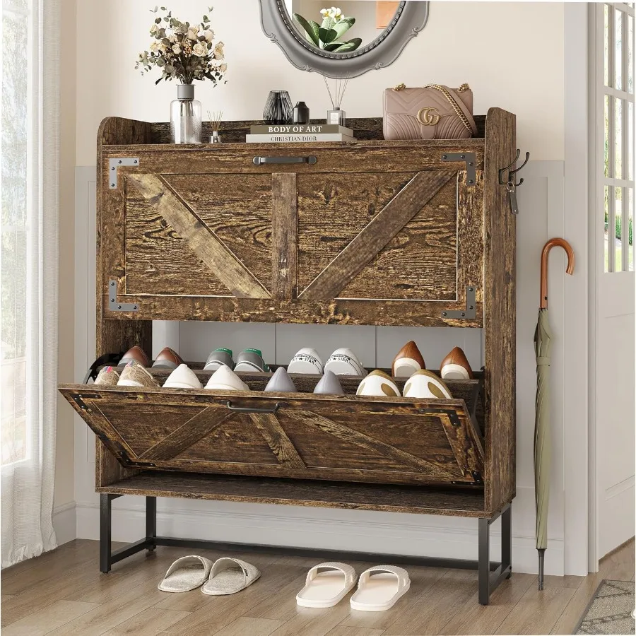 

Узкий шкаф для хранения обуви с 4 деревянными ножками для прихожей и прихожей, отдельно стоящая полка для обуви в стиле фермерского дома, коричневого цвета в деревенском стиле