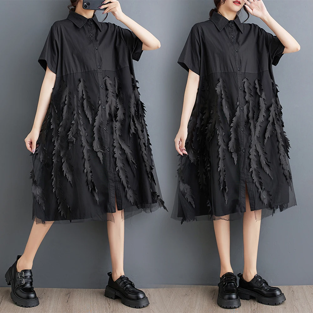 فستان نسائي مقاس كبير من NYFS لربيع وصيف 2025 فساتين قميص شبكية فضفاضة مرقعة رداء Elbise أسود بأكمام قصيرة على الطراز الكوري