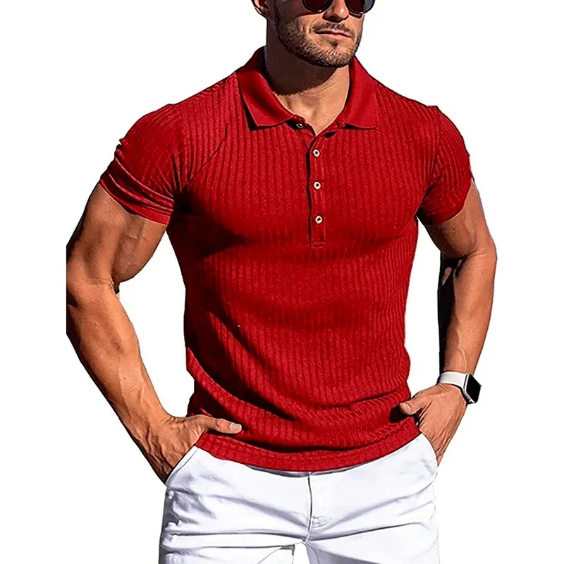 Summer New Men's Sports Fitness Clothes High Elastic Vertical Strip Short-sleeved T Slim Tee