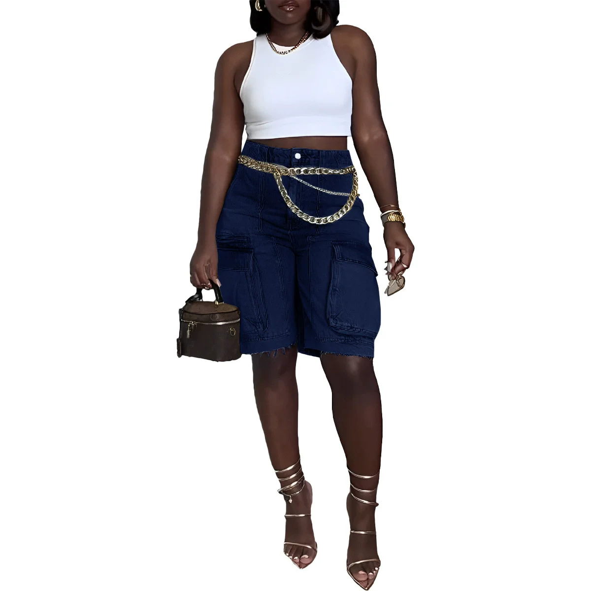 Women Fashion Pocket Side Straight Knee Length Cargo Jeans 2025 Summer Party Street Short Pants
