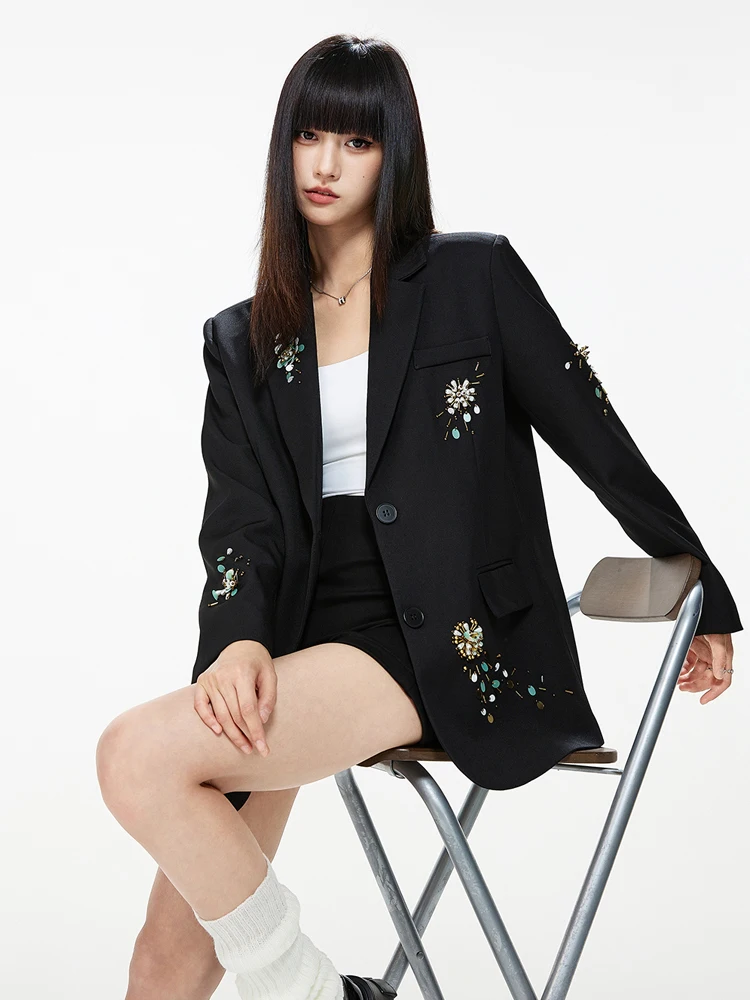 Blazer con perline con paillettes da donna di lusso Nero Primavera Autunno Giacca monopetto allentata di alta qualità 2026 Nuovo INKEO 5O117