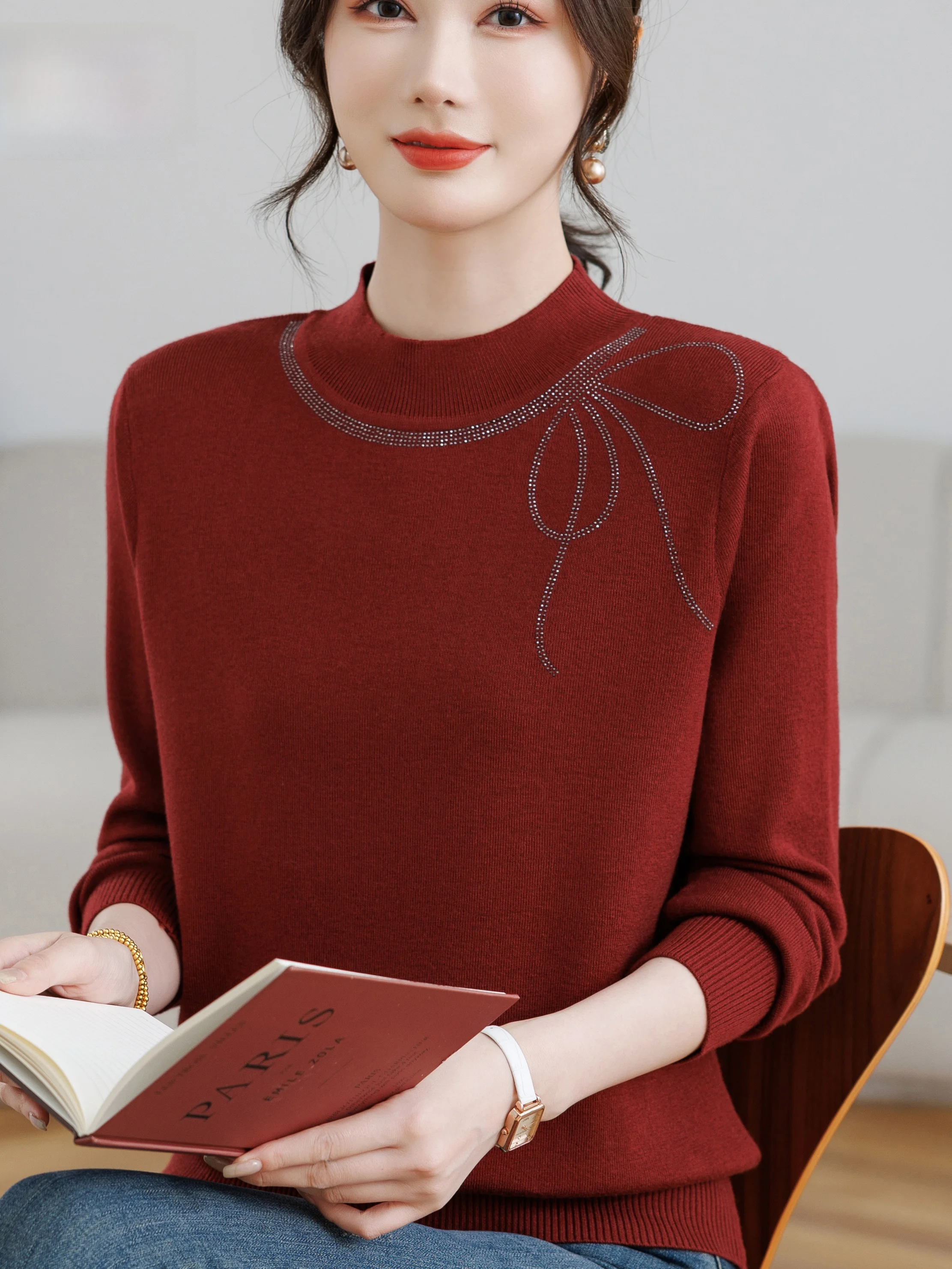 

Warm Woolen Knitted Sweater f High Collar Base irt for Middle-Aged Women Faionable Autumn Winter New Sle with Rhines...