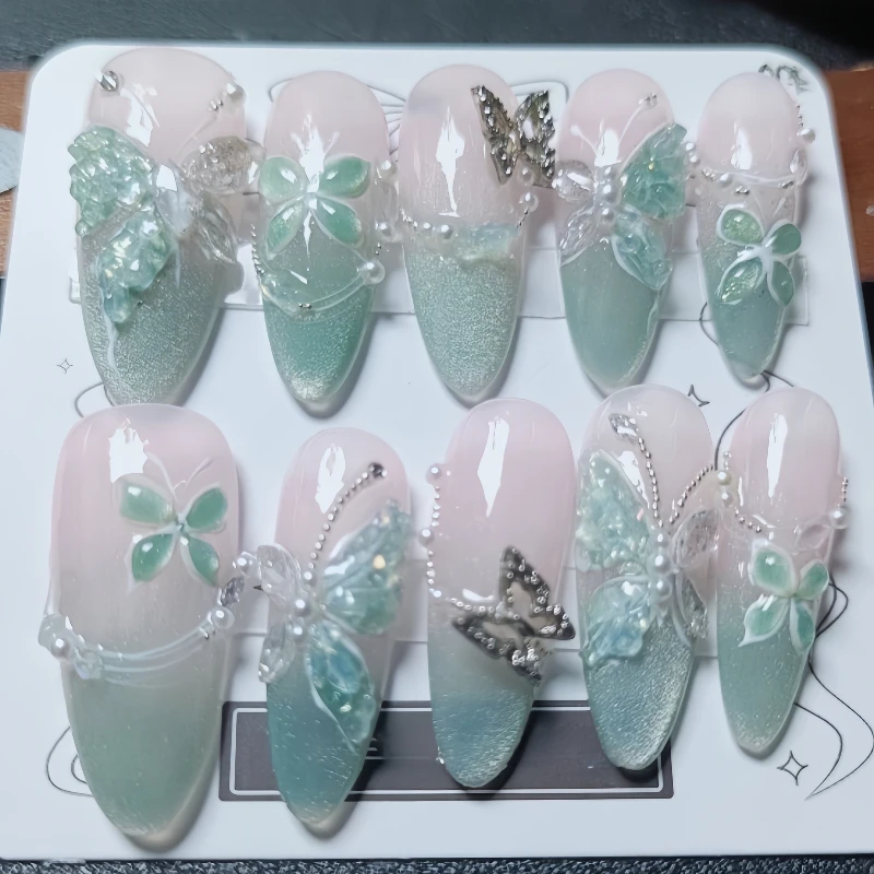 10Pcs Press On Nails Summer Vacation Style 3D Carving And Painting Short Ladder High Grade Removable Handmade Wearing Fake Nails