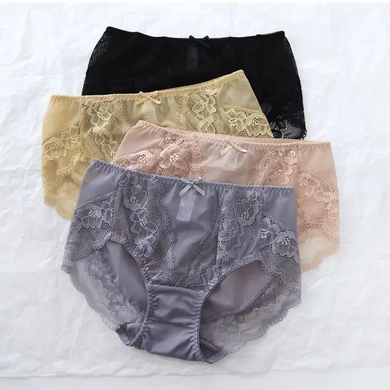 Mid-high Waist Briefs Female Lace Appeal Traceless Netting Transparent Cotton Crotch Hip Wrap Large Size Thin Lingerie panties