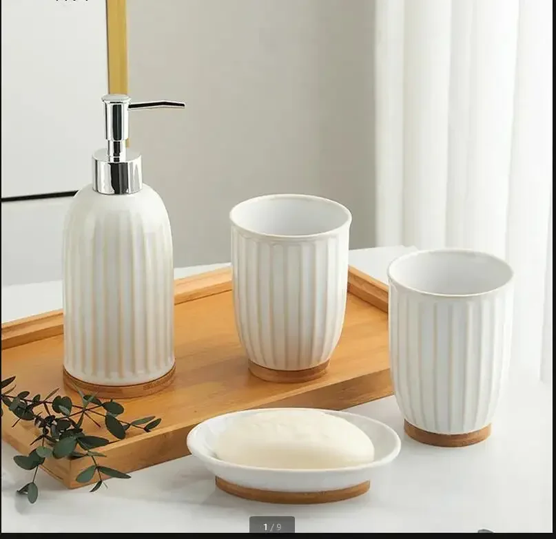 

Ceramic Wash Set Bathroom 4-piece Set Wooden Pallets Lotion Bottle Mouth Cup Soap Dish Bathroom Accessories Sets Home Toiletries
