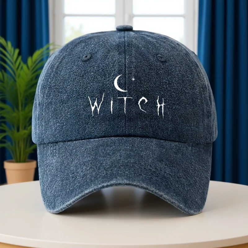 Distressed Washed Baseball Cap Witch Crescent Moon Text Print Adjustable Unisex Dad Hat Retro Gothic Halloween Outdoor Sun Hat