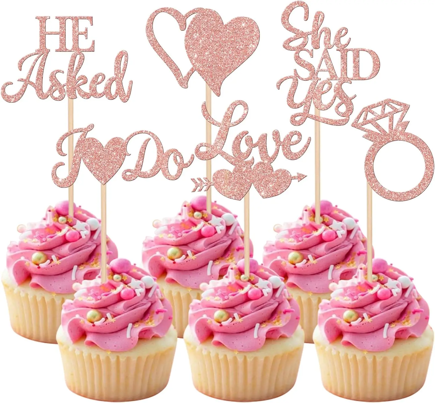 36 Pack He Asked She Said Yes Cupcake Toppers Glitter Ring Love Heart I do Cupcake Food Picks for Wedding Engagement Bridal Show