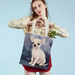 Cute Little Dog Chihuahua Casual Shopping Bag Lovely Pet Animal Double Printed riutilizzabile Canvas Cartoon Lady Student Tote Handbag